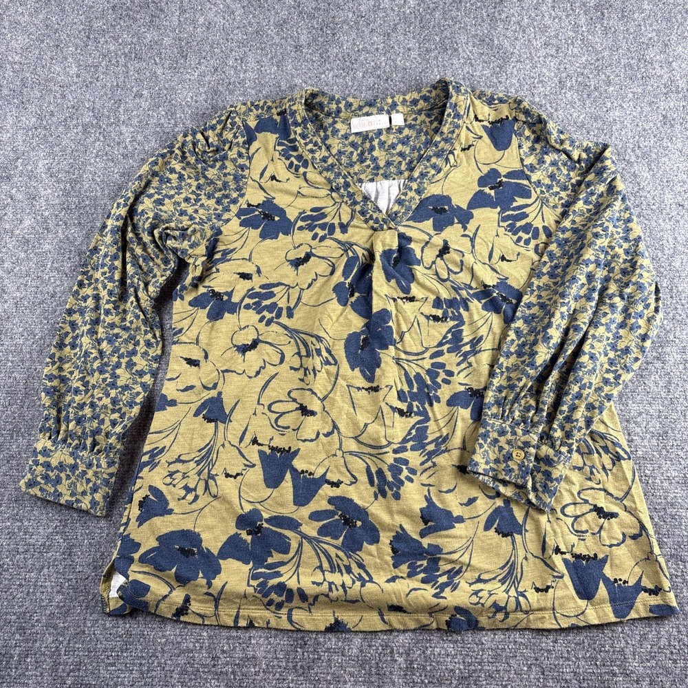 Belle by Kim Gravel Mixed Print Floral V-Neck Blouse Mustard Blue Size L